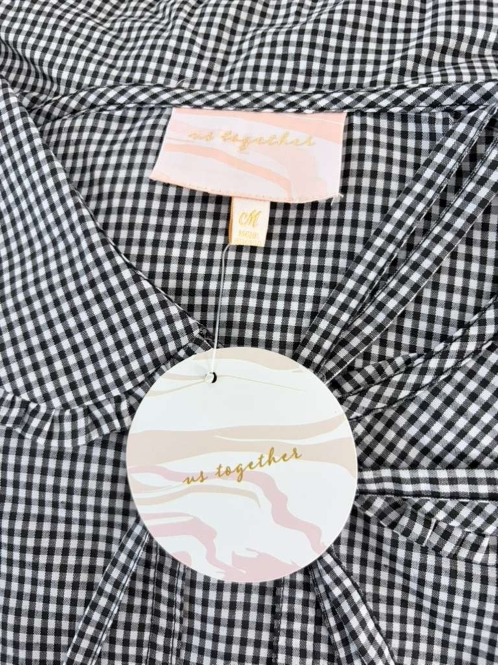 Us Together Navy Gingham Peter Pan Collar Top Tie Front Peplum Blouse Medium NWT - Picture 6 of 7